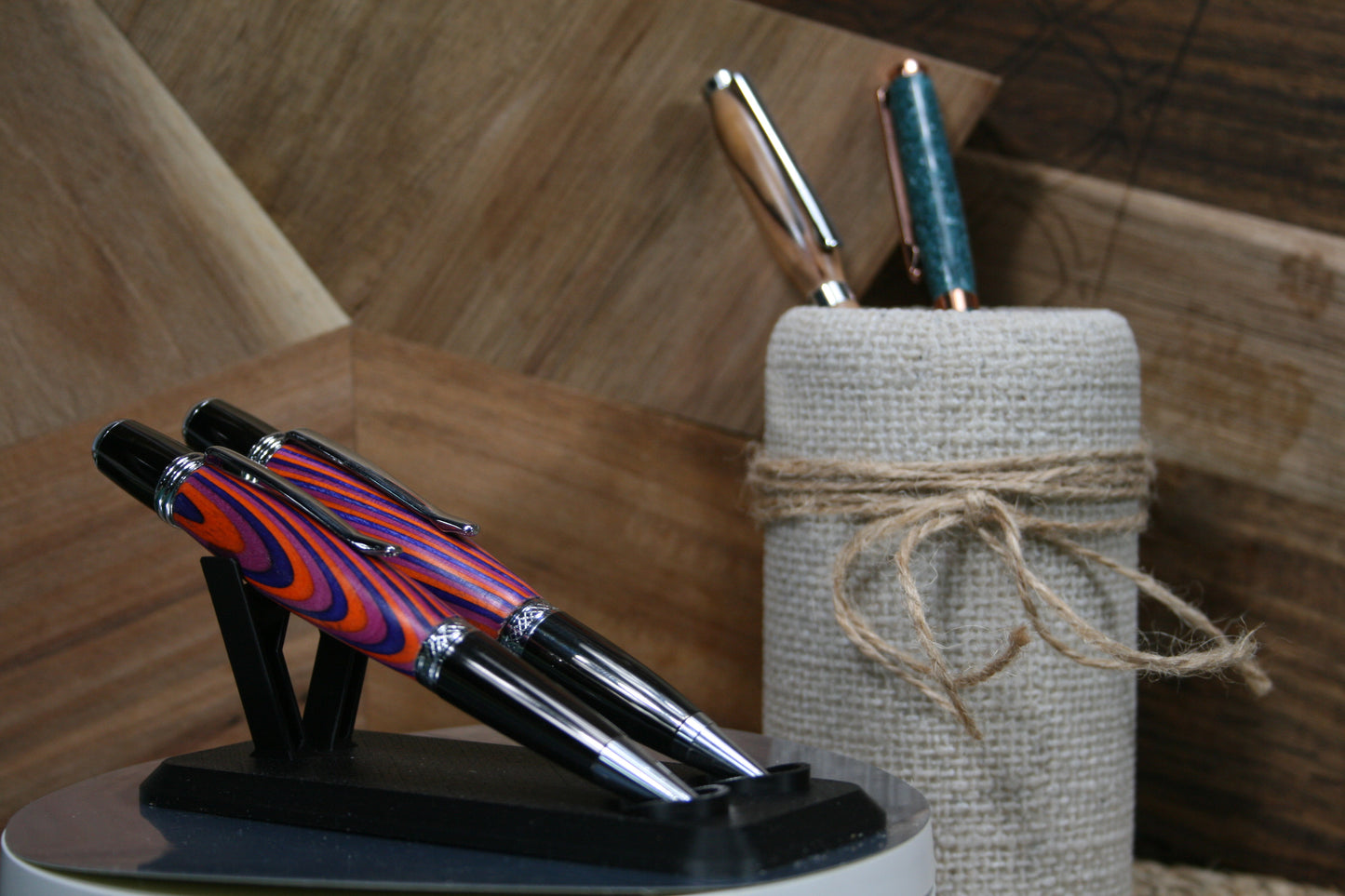 red striped wooden ballpoint pen and pencil set
