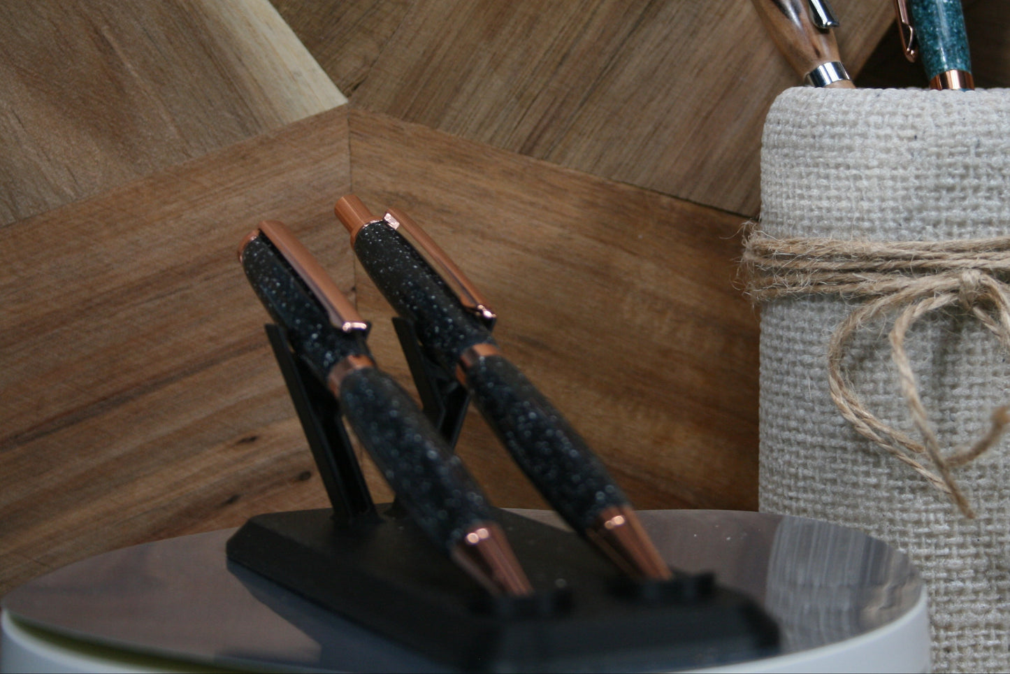 Midnight galaxy resin ballpoint and pencil set with copper