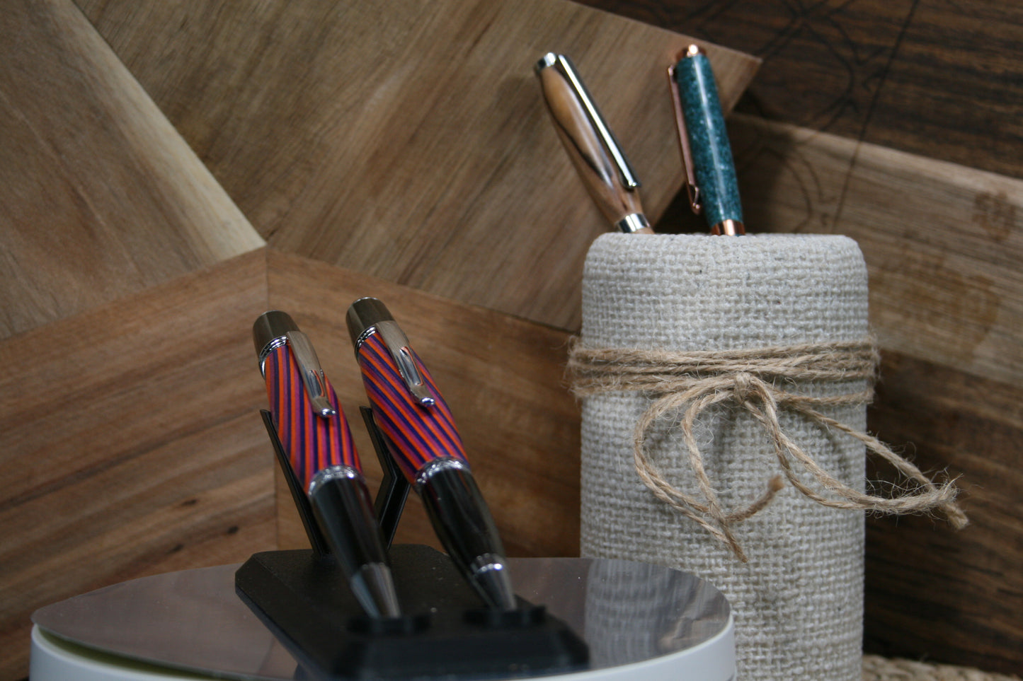 red striped wooden ballpoint pen and pencil set