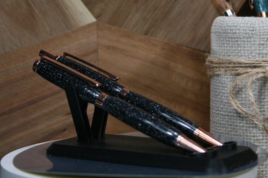 Midnight galaxy resin ballpoint and pencil set with copper