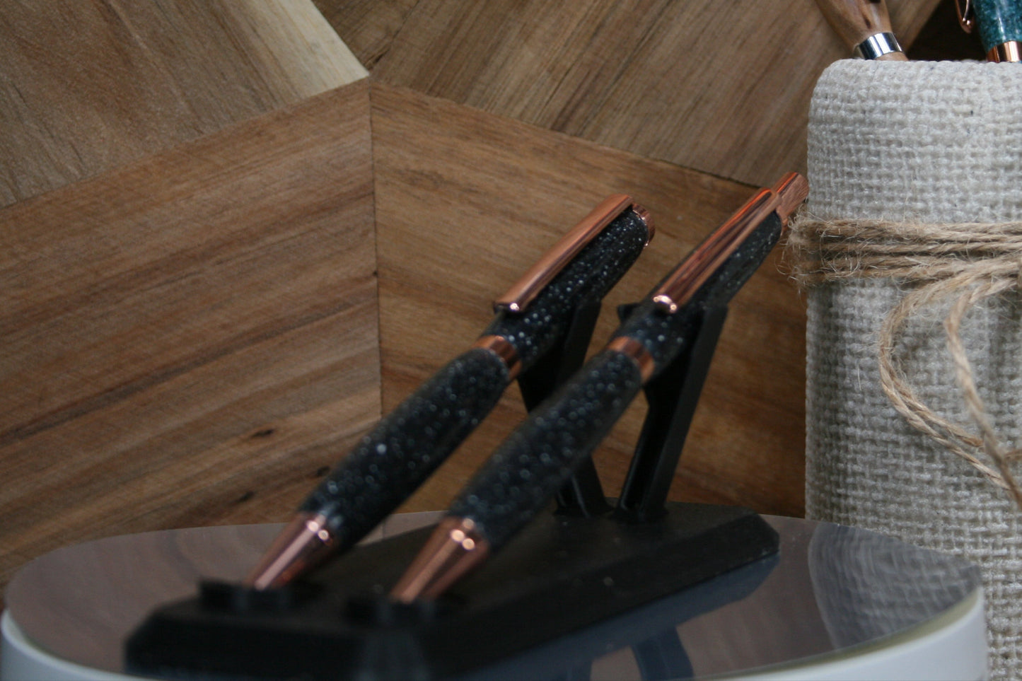 Midnight galaxy resin ballpoint and pencil set with copper
